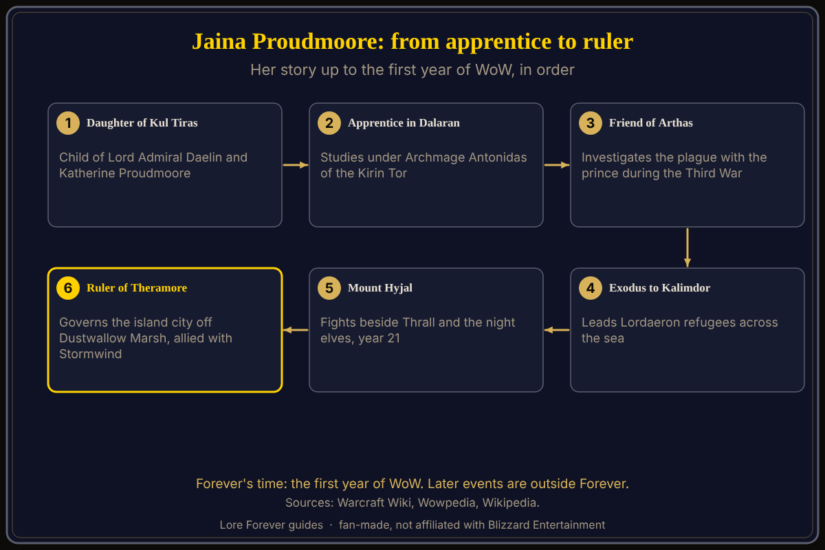 A six-step timeline of Jaina Proudmoore: Dalaran apprentice, friend of Arthas, leader of the refugees, Mount Hyjal, founder of Theramore, and ruler of Theramore in the first year of WoW. Source: Warcraft Wiki. Jaina's story, step by step