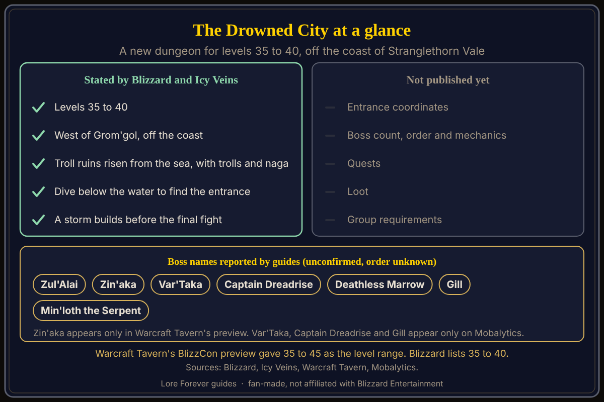Level range, location and story are stated by Blizzard and Icy Veins. Entrance coordinates, boss order, quests and loot are not published. The Drowned City at a glance: what is stated and what is not published