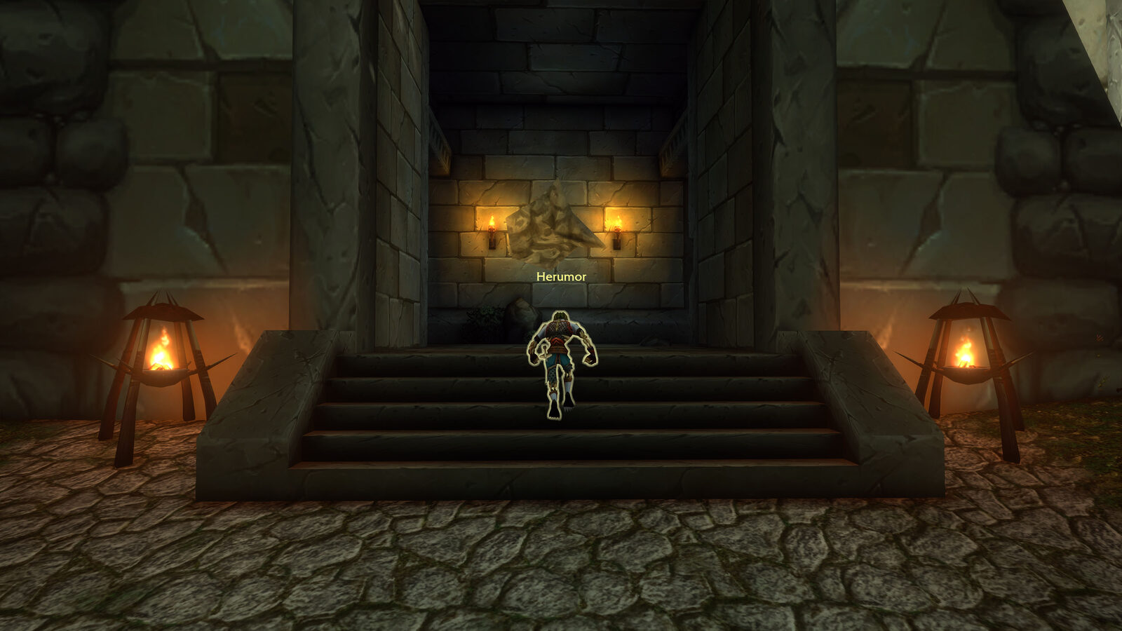 A torch-lit stone entrance in WoW Forever. A torch-lit stone stairway leading up to a dungeon-style entrance