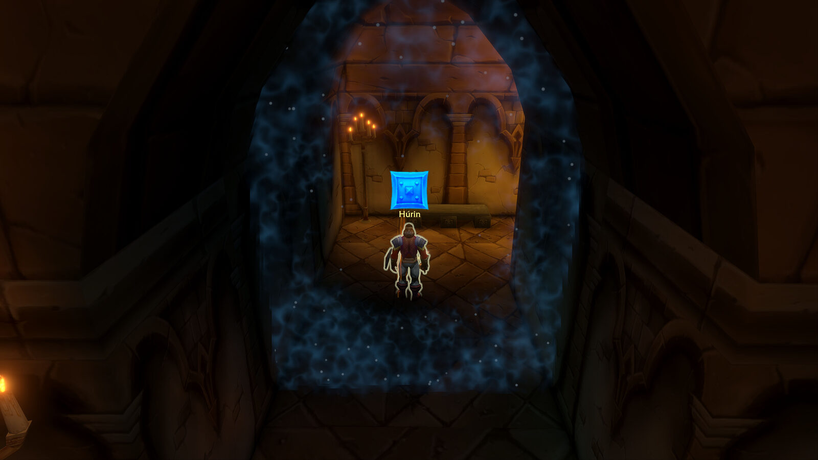 A glowing portal in WoW Forever. A glowing blue portal chamber with a character standing in front of it