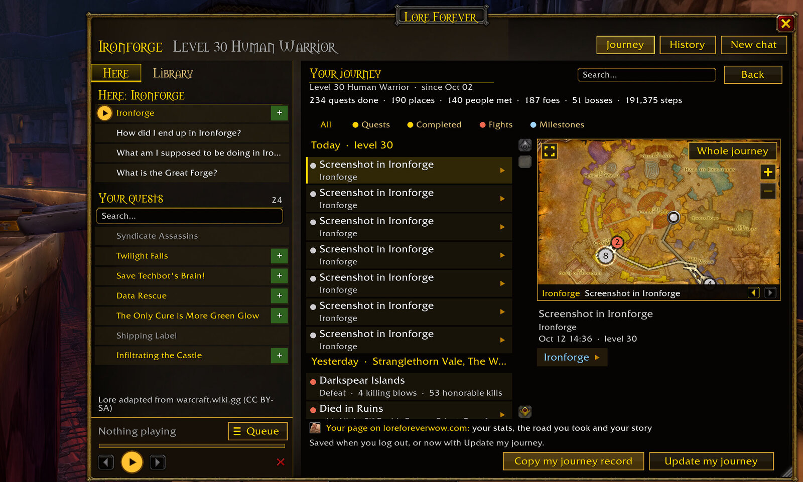 The Lore Forever add-on, Here tab: lore and quests for where you stand. The Lore Forever add-on window open on its Here tab in Ironforge