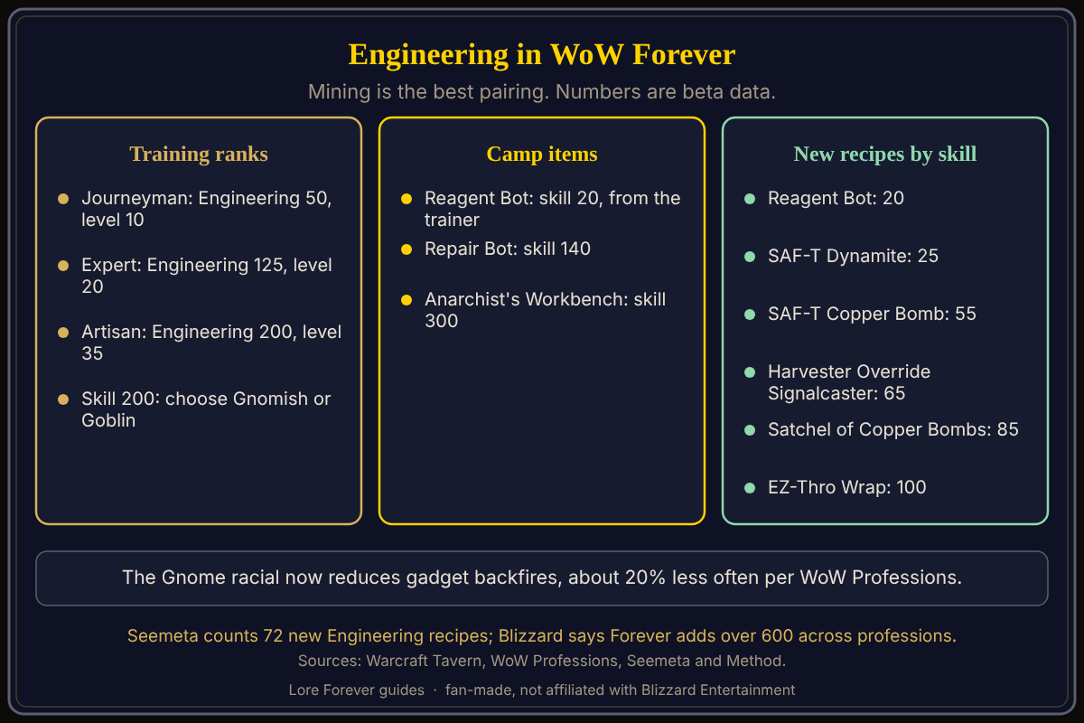 Engineering ranks, camp items and example new recipes with skill levels, from beta data. Engineering in WoW Forever trains at skill 50, 125 and 200, has Reagent Bot, Repair Bot and Anarchist's Workbench camp items at skills 20, 140 and 300, and new recipes such as SAF-T Dynamite at skill 25.