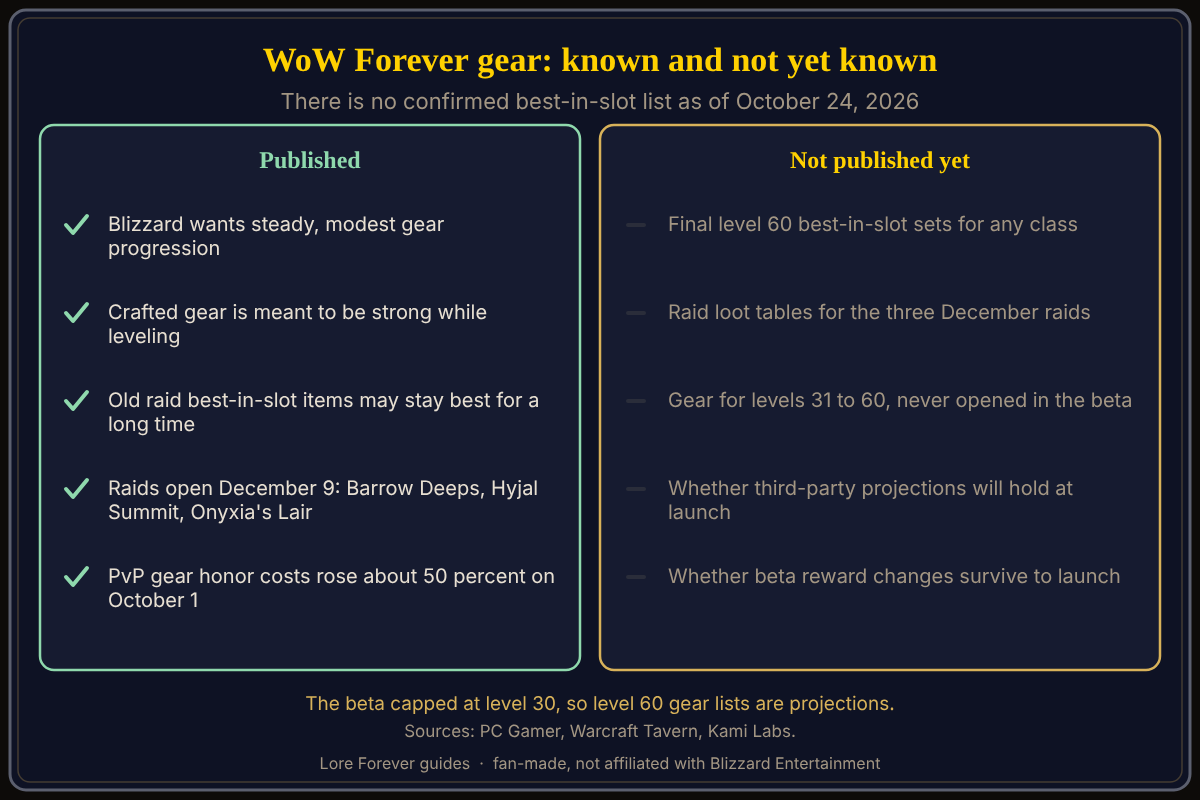 A two-panel chart: published facts are Blizzard's modest-progression gear philosophy, crafted gear being strong while leveling, raids opening December 9, and PvP honor costs up about 50 percent; unpublished are final level 60 best-in-slot sets, raid loot tables, level 31 to 60 itemization and whether projections will hold. Sources: PC Gamer, Warcraft Tavern, Kami Labs. What is known and unknown about WoW Forever gear