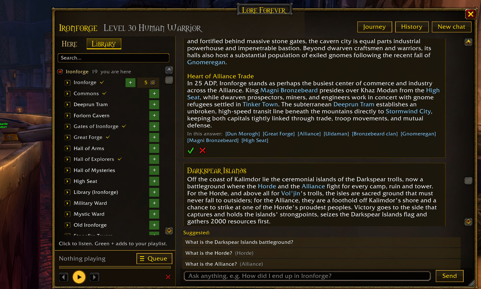 Lore Forever's Library tab for Ironforge. The Lore Forever add-on window open on its Library tab, listing places in Ironforge
