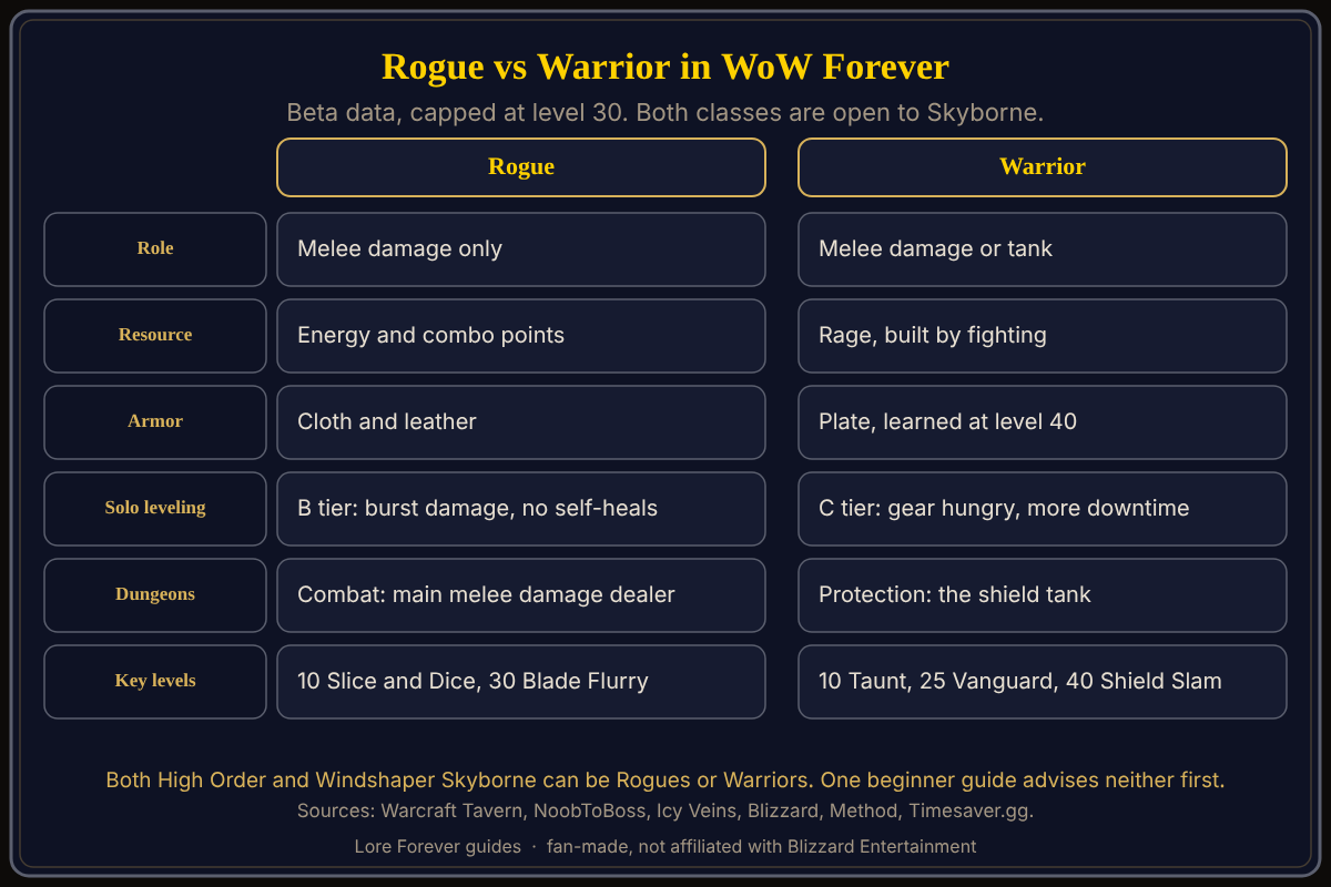 A side-by-side comparison of Rogue and Warrior in WoW Forever: role, resource, armor, solo leveling tier (B versus C), dungeon role and key levels, with both classes open to Skyborne. Rogue and Warrior compared in WoW Forever