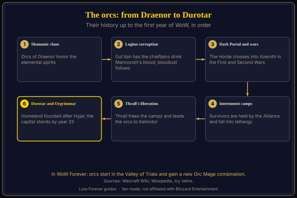 A six-step timeline of the orcs: shamanic clans on Draenor, corruption by the Burning Legion, the Dark Portal and two wars, internment camps, Thrall's escape and the move to Kalimdor, and Durotar and Orgrimmar in the first year of WoW. Source: Warcraft Wiki. Orc history, step by step