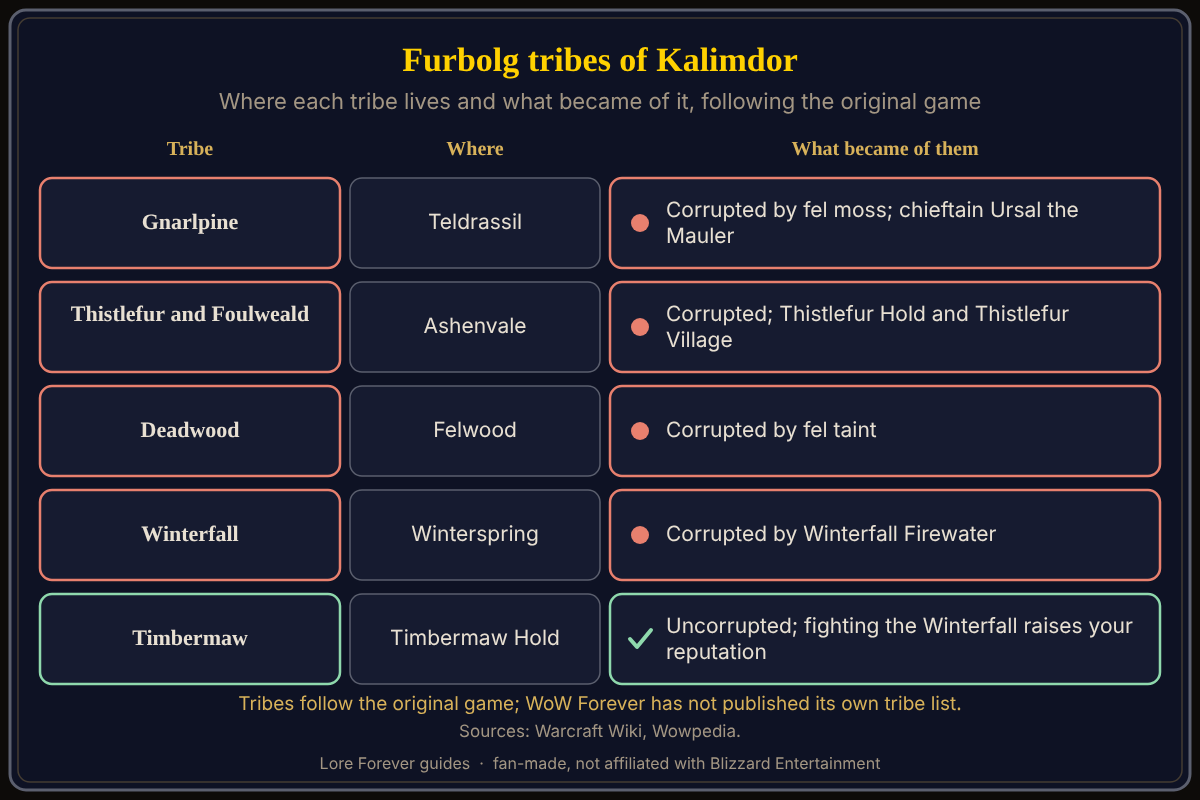 Five furbolg tribes: the Gnarlpine of Teldrassil, corrupted by fel moss; the Thistlefur and Foulweald of Ashenvale, corrupted; the Deadwood of Felwood, corrupted; the Winterfall of Winterspring, corrupted by Winterfall Firewater; and the Timbermaw of Timbermaw Hold, who stay uncorrupted. Sources: Warcraft Wiki and Wowpedia. Furbolg tribes of Kalimdor and what became of them