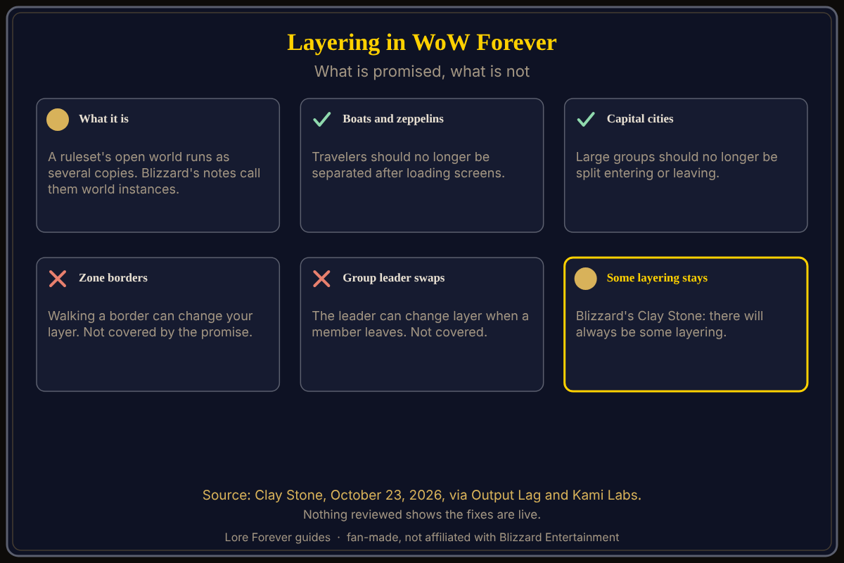 What Blizzard has promised to fix about layering and what it has not, as reported by Output Lag and Kami Labs. How WoW Forever layering works and what is fixed: a ruleset's world runs as several copies, boats, zeppelins and capital-city groups are promised fixes, zone-border swaps and group-leader swaps are not covered.